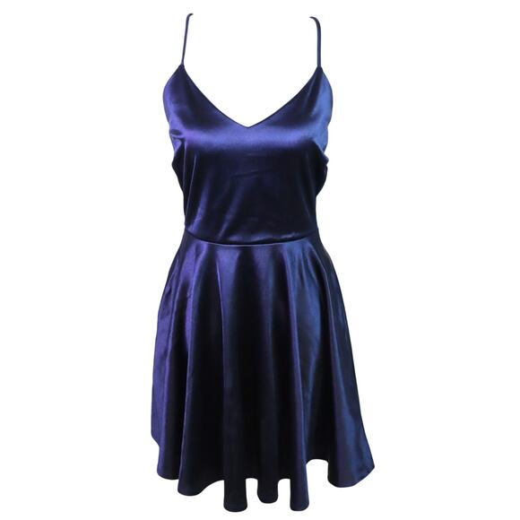 Winsdor Navy Blue Satin Silky Slip Dress Mini Strappy V Neck Fit & Flare Medium - Picture 1 of 8